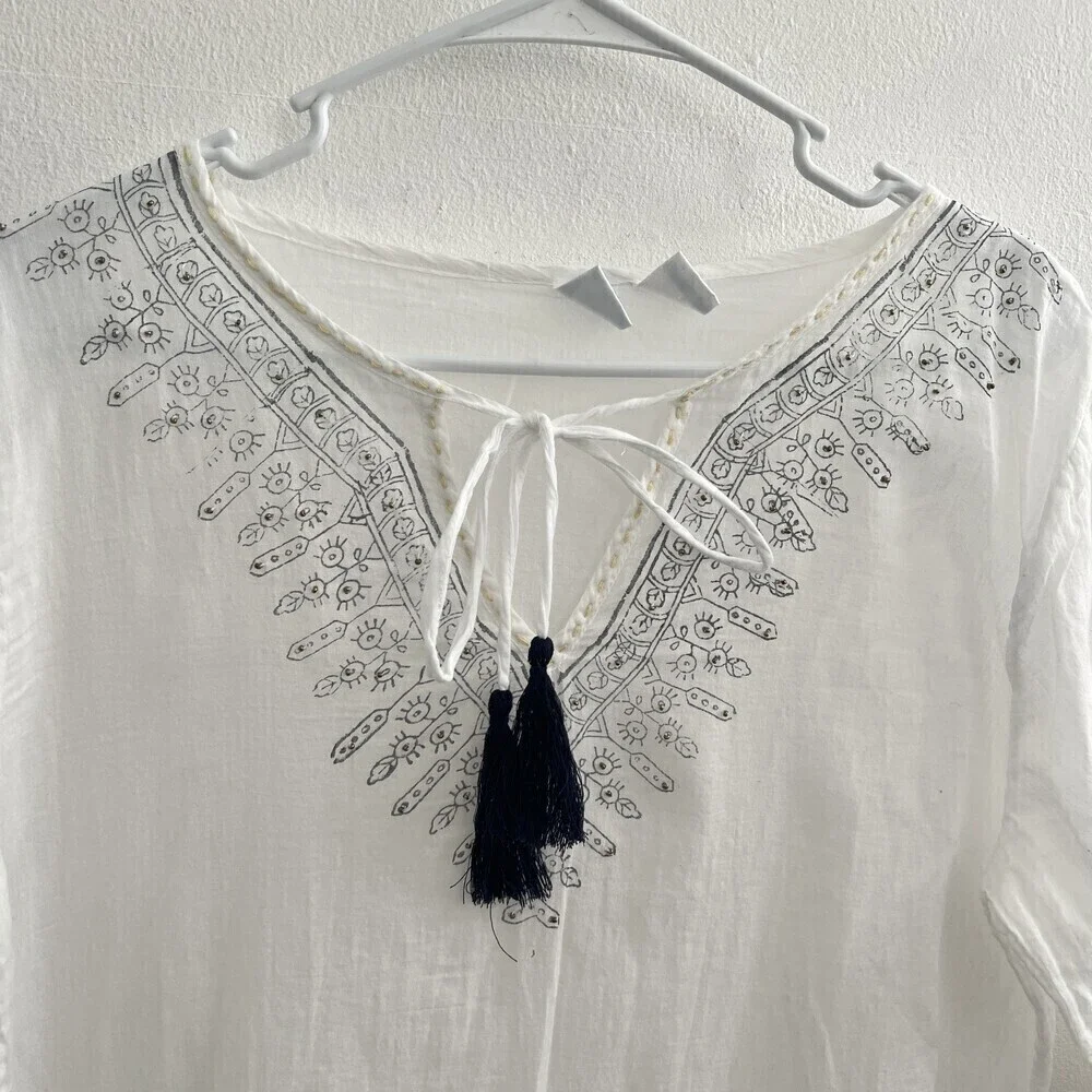 NEW Bohemian Kaftan swim cover up White Blue SMALL/MEDIUM bell sleeves